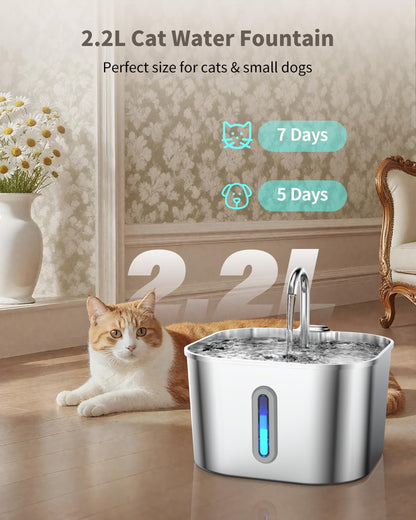 Stainless Steel Cat Water Fountain - 74Oz/2.2L Cat Drinking Fountain | Quiet Cat Fountain for Indoor Cats and Small Dogs, Automatic Pet Water Dispenser Keeps Fresh Water, Water Level Window2
