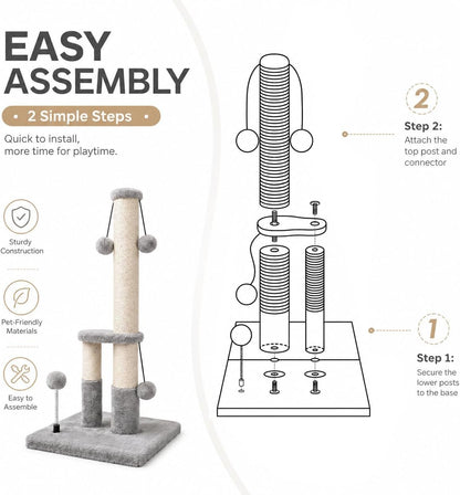 Dimaka Tall Cat Scratching Post, Double Lower Posts Extra Stable Cat Post Tree Scratcher with Sisal Rope and Teasing 4 Balls Total Large Base (Grey)7