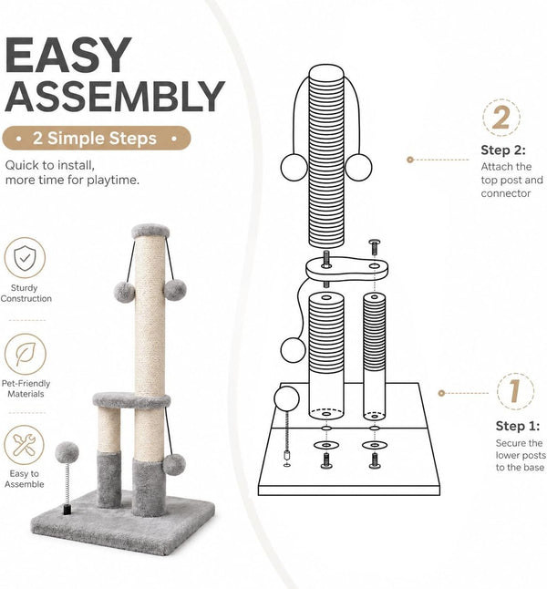 Dimaka Tall Cat Scratching Post, Double Lower Posts Extra Stable Cat Post Tree Scratcher with Sisal Rope and Teasing 4 Balls Total Large Base (Grey)7