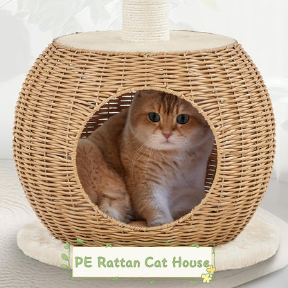 Yaheetech Cat Tree, 29.5In Rattan Cat Tower for Indoor Cats W/Scratching Post, Woven Cat Condo and Soft Cushion Top Perch, Aesthetic Cat Tree for Kittens | Boho PE Rattan Tower with a Hideaway Cubby and Top Window Perch, Fits Small Spaces and Corners as Decor, Assembles in Minutes7
