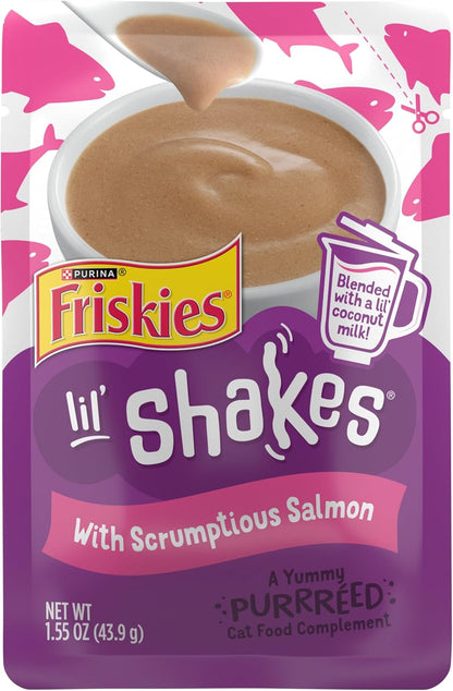 Purina Friskies Pureed Cat Food Topper, Lil’ Shakes with Scrumptious Salmon Lickable Cat Treats - (Pack of 16) 1.55 Oz. Pouches1