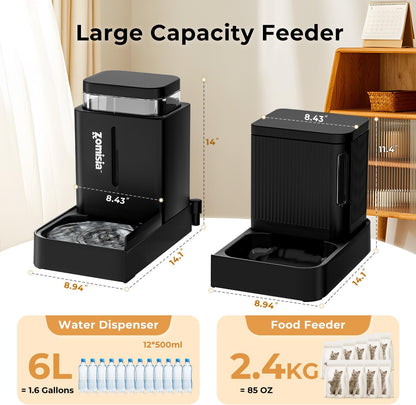 ZOMISIA Gravity Dog Food and Water Dispenser, 2 in 1 Automatic Dog Feeder with 180 Degree Rotatable, 2 Pack Large Capacity Self Feeding for Small Dogs Puppy, Black, 1.6Galx22