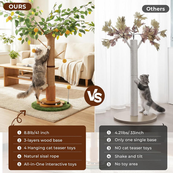 41" Tall Cat Scratching Post for Large Cats - XL Sturdy Cat Scratching Post with Solid Wood Base, Sisal Rope Scratching Posts for Indoor Cats Adults with Self-Grooming Brush, 4 Detachable Hanging Toys5