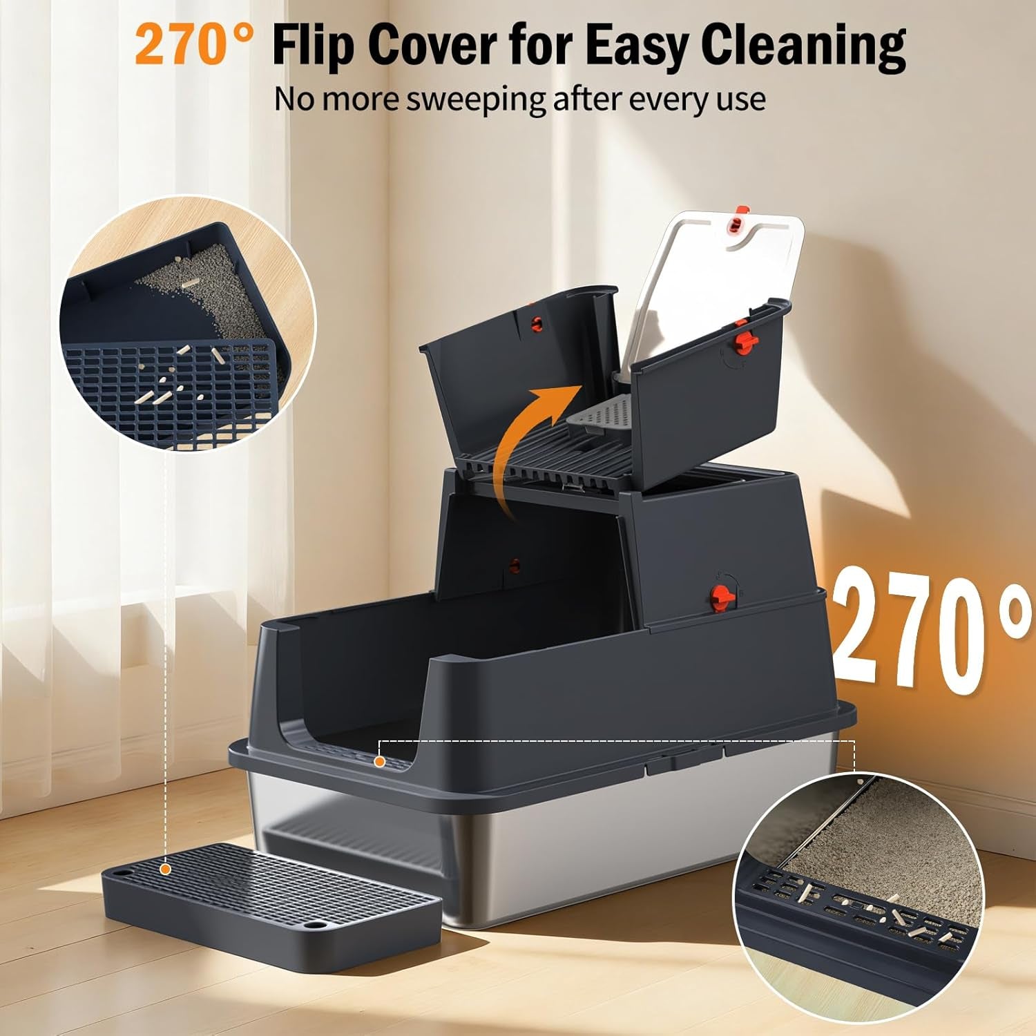stainless-steel-litter-box-with-lid-enclosed-metal-litter-box-extra-large-kitty-litter-pan-covered-with-scoop-pedal-odor-control-odor-free-front-flip-top-entry-black