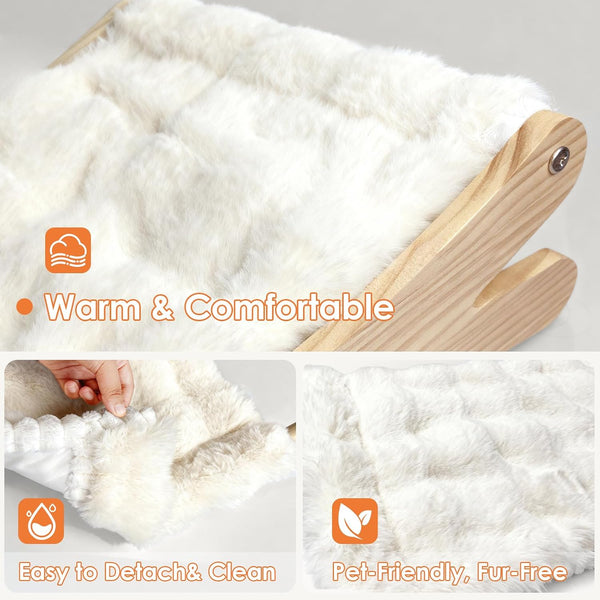 Plush Elevated Cat Bed - Cozy Raised Cat Hammock with Solid Wood Frame, Soft Furry Cushion for Indoor Cats & Small Dogs, Multi-Color Options(White)5