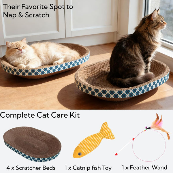 Cat Scratcher Bed with Toys, 4 Pack Oval Cat Scratcher Cardboard, Indoor Cat Scratch Bowl, Large Pad Cat Scratching Board with Catnip Fish Toy & Feather Wand for Furniture Protector L(17.5"X12.6"X3")2