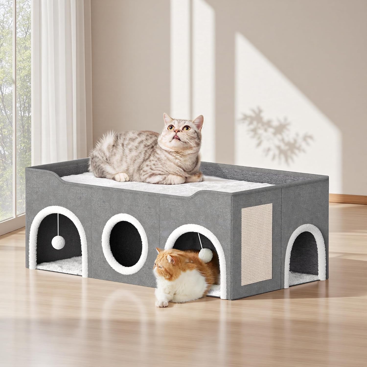 cat-house-for-indoor-with-fluffy-ball-and-scratch-pad-35-foldable-cat-bed-with-removable-divider-3-separate-cat-cave-for-multi-cats-puppy-family