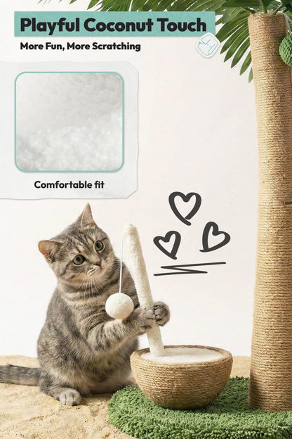 33" Tall Cat Scratching Post, Natural Jute Cat Scratcher for Indoor Cats,Coconut Tree & Straw Design with Hanging Toy Ball & Rest Platform,Stable Furniture Protector for Kittens & Adult Cats,M4