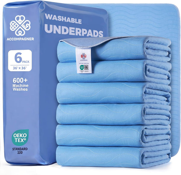 Accompagner Incontinence Bed Pads Washable Waterproof, Ultra-Absorbent Reusable Underpads for Diaper Changing, Nursing, Bedridden, Adults, Seniors, Kids and Dogs (Blue, 24"X24"(Pack of 6))38
