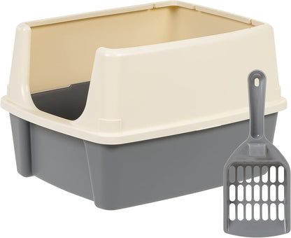 Amazon Basics Large Cat Litter Box with High Sides, Open Top for Easy Access, Includes Scoop with Storage, 19" X 15" X 11.75", Grey/Beige1