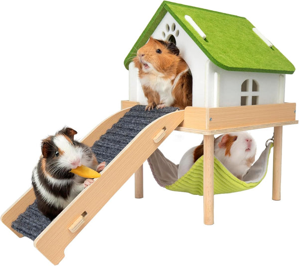 BESNEW 3 in 1 Enlarged Guinea Pig Hammock,Wooden Guinea Pig Hideout with House & Platform & Stairs Small Animal Toys for Hiding Sleeping Activities9