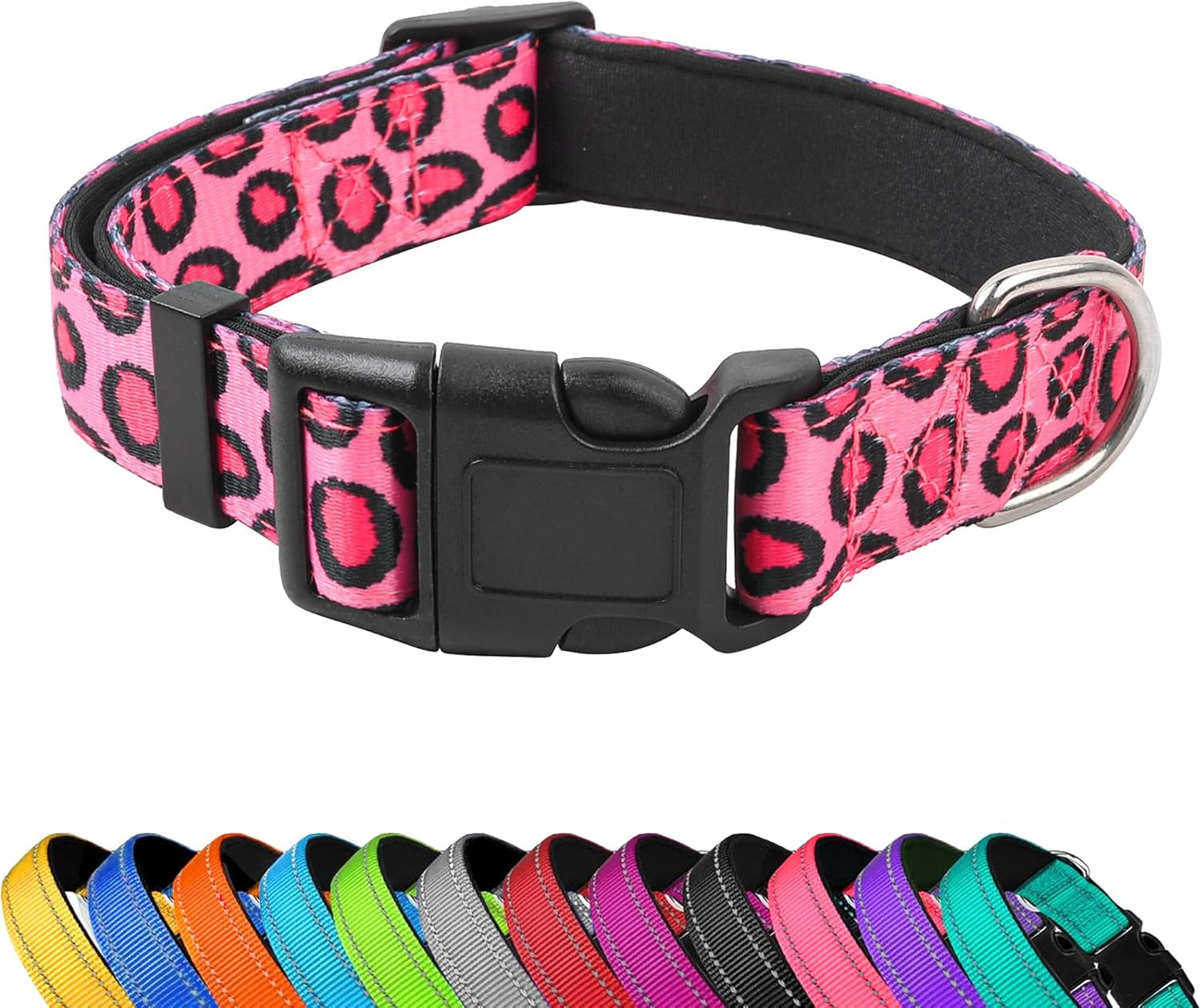 reflective-dog-collar-adjustable-soft-neoprene-padded-teal-m-breathable-nylon-for-medium-dogs-tear-resistant-webbing-chafe-free-on-walks-and-hikes-metal-d-ring-night-safety