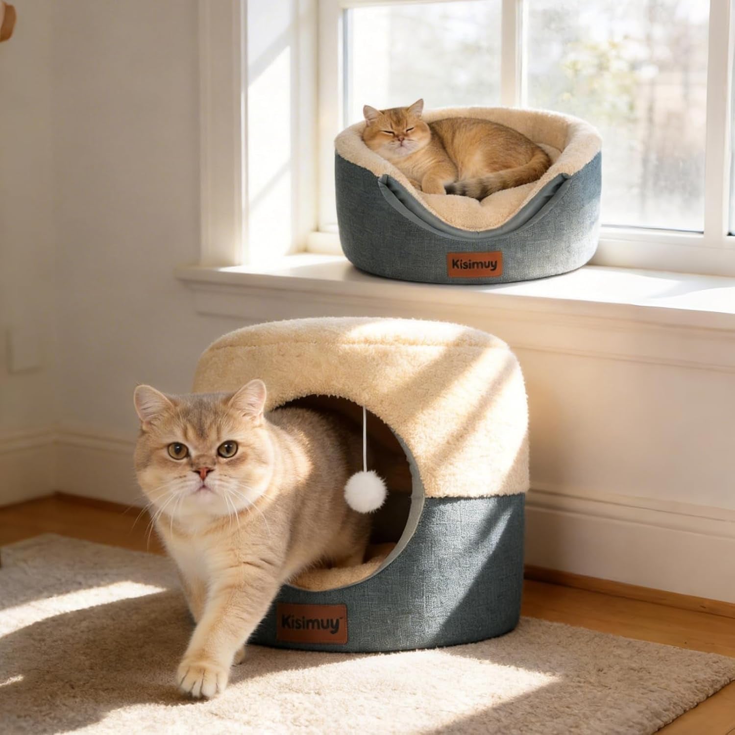2-in-1-foldable-cat-bed-for-indoor-cats-cat-cave-sofa-bed-15-7d-x-13h-reversible-plush-linen-cushion-enclosed-cat-bed-hanging-cat-toys-non-slip-small-cat-house-grey