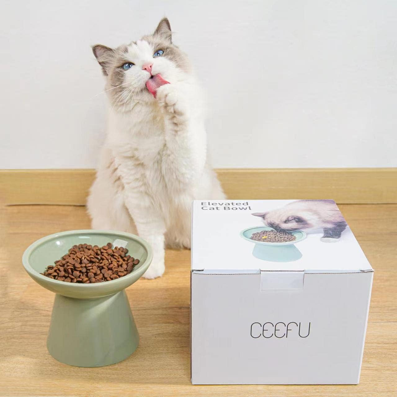 ceefu-extra-wide-elevated-ceramic-6-2-shallow-cat-food-bowl-cat-dish-for-whisker-fatigue-relief-5-height-for-easy-feeding-lead-cadmium-free-durable-raised-cat-bowl-sage-green