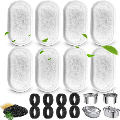 Cat Water Fountain Filters for 108/3.2L& 67Oz/2L Stainless Steel Pet Water Dispenser Fountain Filter Replacement with 8 Sponges (8 Filters&8 Sponges)1