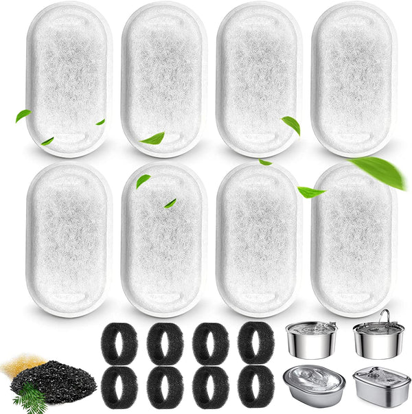 Cat Water Fountain Filters for 108/3.2L& 67Oz/2L Stainless Steel Pet Water Dispenser Fountain Filter Replacement with 8 Sponges (8 Filters&8 Sponges)1