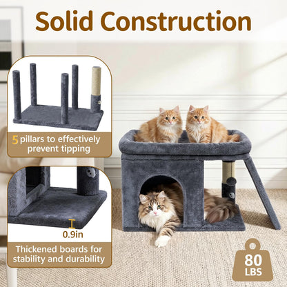 Cat Tree Tower Bed with Scratching Post for Indoor Cats, Dark Gray | Modern Heavy Duty Sturdy Small Condo Equipped with Platform Perch & Hideout, Ideal Rest Climb Area for Kittens Large Cats3