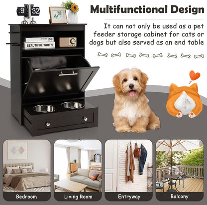 Dog Food Cabinet Feeding Station with 2 Raised Bowls, Pull Out Elevated Dog Bowl, Storage, 3 Hangers, Pet Feeder Toy Leashes Organizer, Brown8