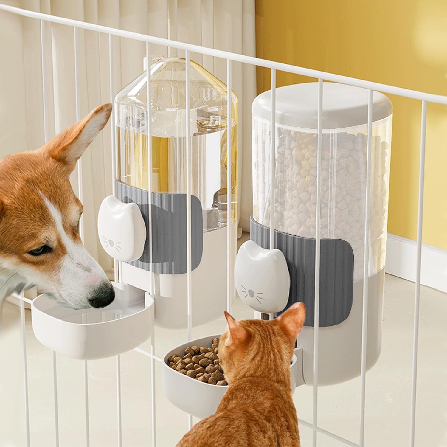 yummy-sam-hanging-automatic-small-pet-food-water-dispenser-auto-gravity-0-8l-cat-feeder-and-0-87l-water-dispenser-self-feeding-and-waterer-set-kennel-feeding-station-for-puppy-cats-grey-white