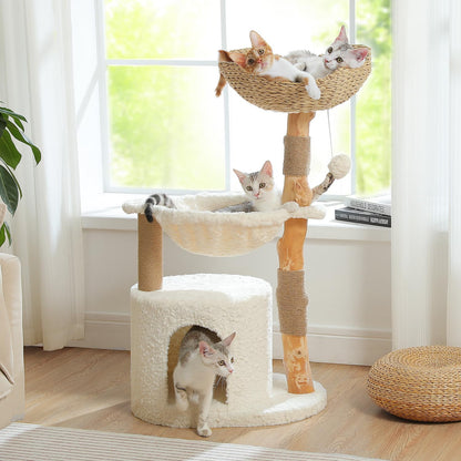 PAWZ Road 59" Modern Cat Tree, Natural Wood Cat Tower for Large Cats White | Wicker Basket Bed&2 Flower Perches for Multi-Cat, Cat Tree Tower with Large Condo&Hammock, Solid Wood Cat Tree House10