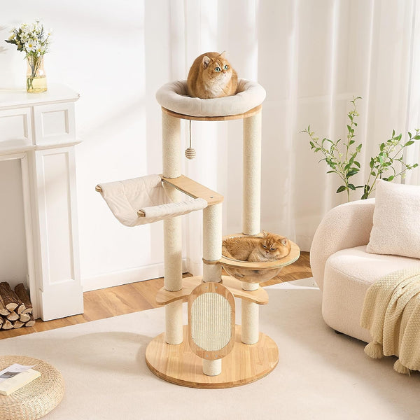 50" Modern Cat Tree for Indoor Cats Small to Medium, Solid Wood Cat Tower with Sisal Scratching Posts, Cat Scratcher Cardboard, Cozy Cat Beds & Hidden Cat Condo, Multi-Level Cat Furniture10