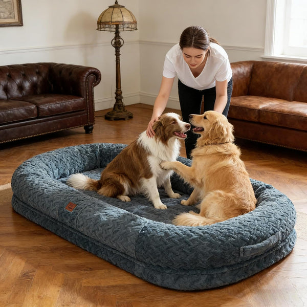 Chixnuggle Orthopedic Human Dog Bed,With Faux Fur Washable Cover,Blanket | Bluish Grey,72*40*10,Giant Dog Bed for Adult or Extra Large Dogs,Egg Crate Foam,Non-Slip Bottom2
