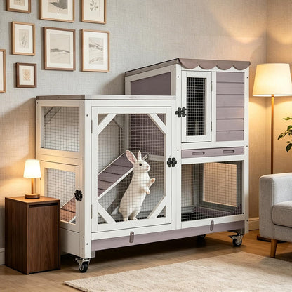 GUTINNEEN Wooden Duplex Rabbit Cage on Wheels with Chew-Proof Ramp, Grey | 4 Mobile Swivel Casters, 2-Story Design, Waterproof Rain Cover, 5 Access Doors, 2 Sliding Trays1