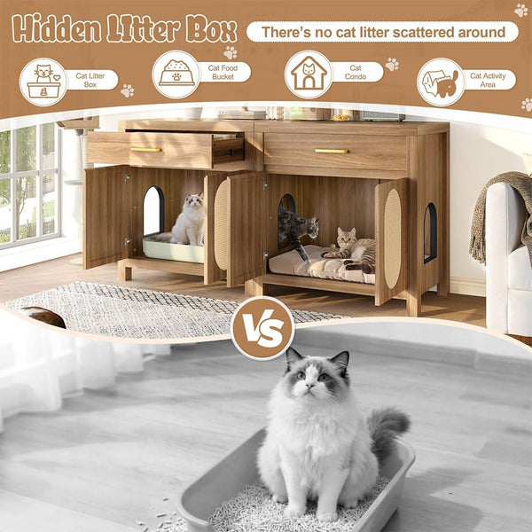 Cat Litter Box Enclosure Furniture, Hidden Litter Box Cabinet Cat House Side Table with Drawer & Sisal Scratch Pads, Wooden Pet Furniture for Living Room, Bedroom,Brown3