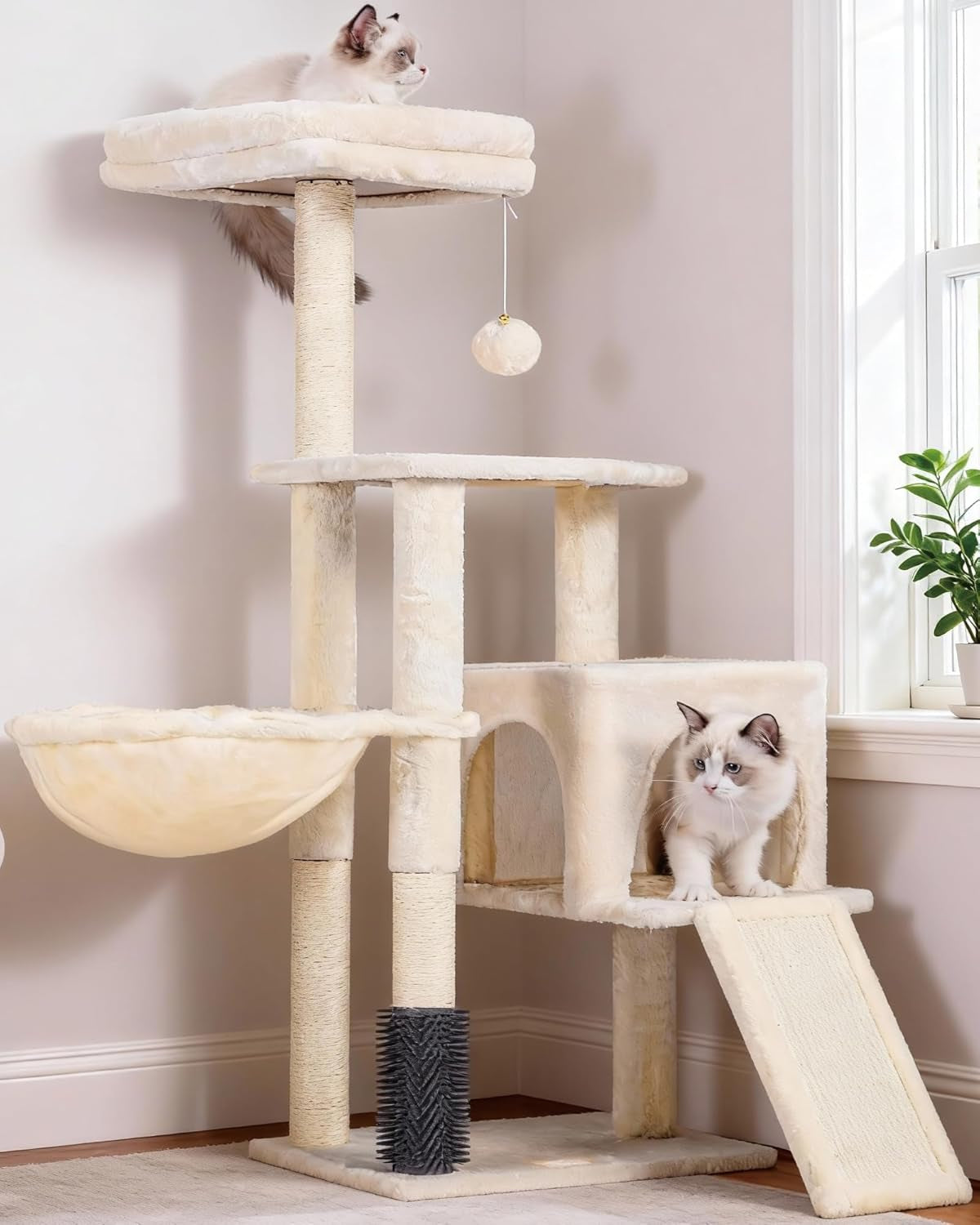 heybly-cat-tree-45-3-inch-cat-tower-for-indoor-cats-with-large-perch-all-in-one-cat-furniture-with-cozy-bed-hidden-space-cat-condo-comfy-hammock-scratching-posts-3-pompoms-light-gray-hct202sw