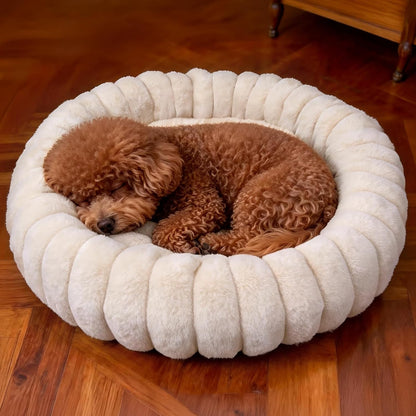 Donut Dog and Cat Bed, Luxurious Comfortable Faux Rabbit Fur Pet Beds, round Anti-Anxiety Calming Puppy Kitten Bed with Anti-Slip Bottom for Small Medium Dogs & Cats(20", White)1