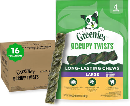 Greenies Occupy Twists Large Breed Dog Treats, Chicken Flavor, 4 Count | for Dogs 50-100 Lbs, Rawhide-Free, Promotes Calmness, Helps Clean Teeth, Highly Digestible, 8.55 Oz. Pack12