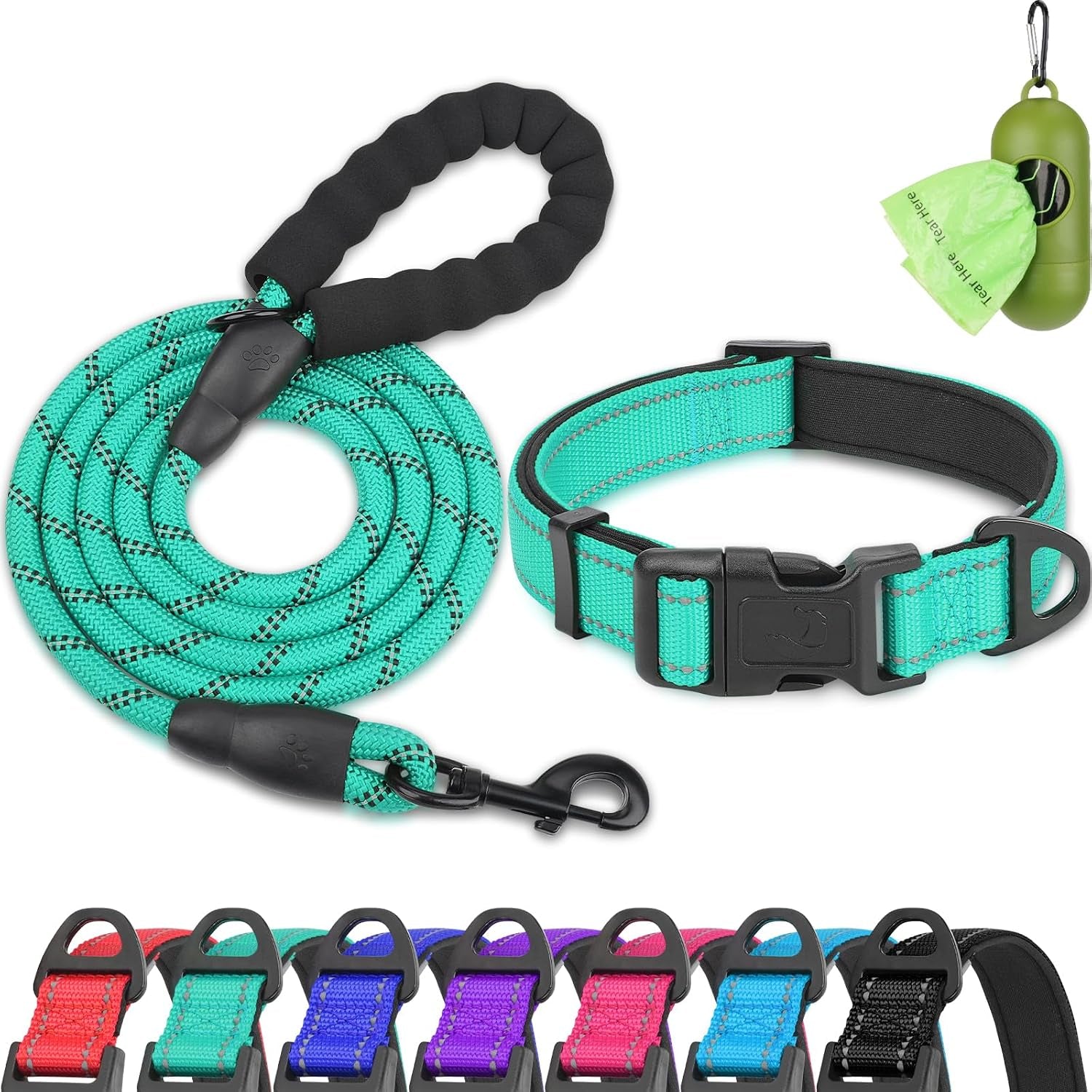 dynmeow-reflective-dog-collar-and-leash-set-for-large-dogs-teal-soft-neoprene-padded-6ft-climbing-rope-ideal-for-daily-outdoor-walking-or-indoor-wearing-night-visible-for-safety