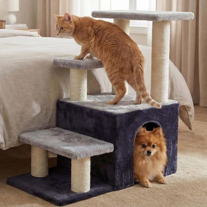 Heybly Cat Scratching Post, Pet Steps for Indoor Cats and Dogs, HSP002SWWH | Small Cat Tree with Cat Condo, Pet Stairs with Full Wrapped Sisal Posts & Soft Plush Fabric, Light Gray & White10
