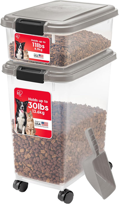 IRIS USA Dog Food Storage Container 30 Lb + 11Lb Airtight Combo, Stackable Pet Food Storage Bin with Wheels for Cat Dog Food, BPA Free, Made in USA, Black | Stackable Pet Food Plastic Storage Bins with Wheels for Cat and Dog Food, Made in USA12