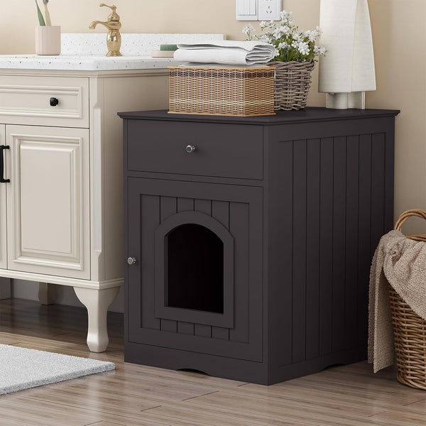 Espresso Wooden Cat Litter Box Enclosure with Drawers - Stylish Nightstand & Side Table4