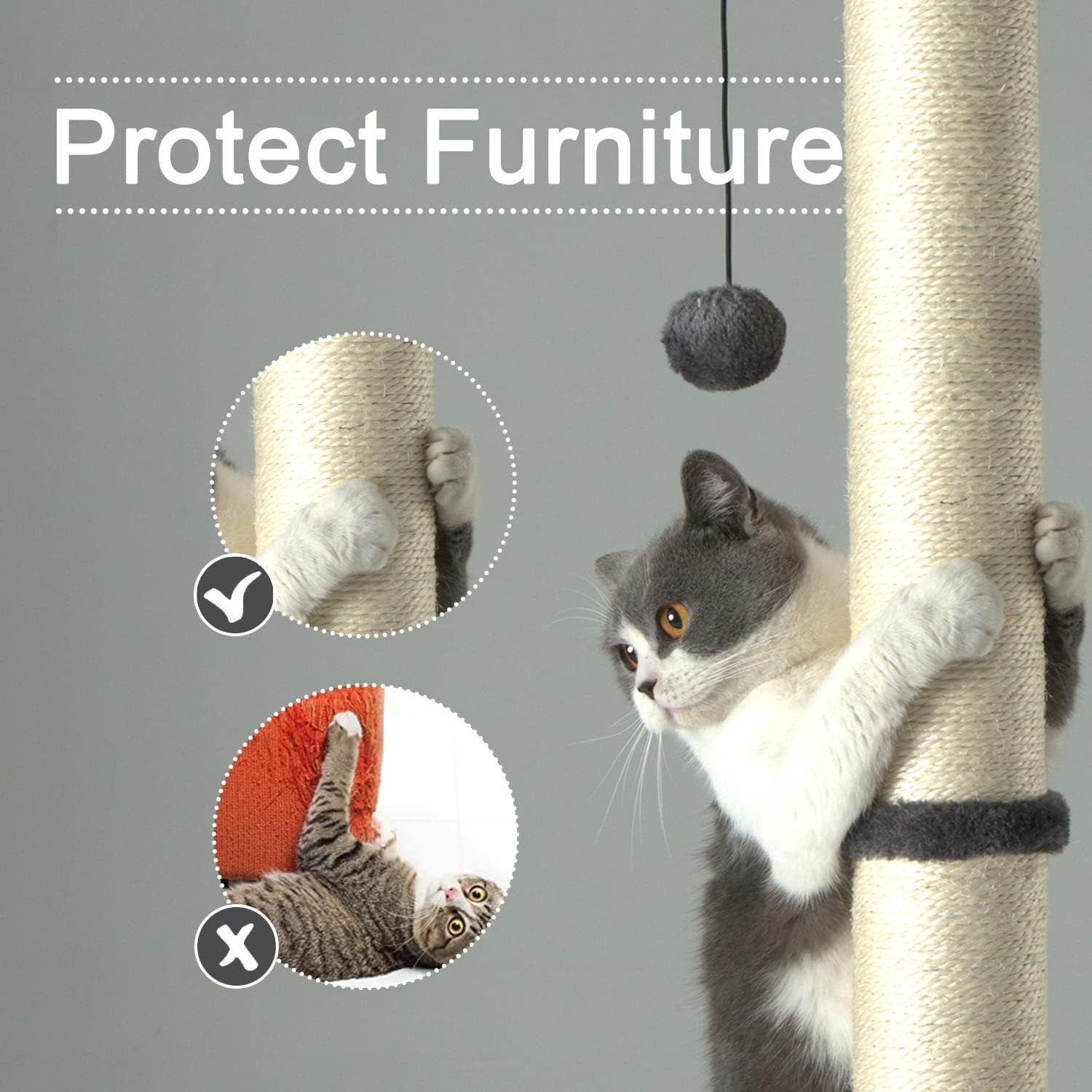 peekab-32-tall-cat-scratching-post-sisal-scratch-posts-with-hanging-ball-and-self-massage-brush-vertical-scratcher-for-indoor-cats-and-kittens-gray-32inches