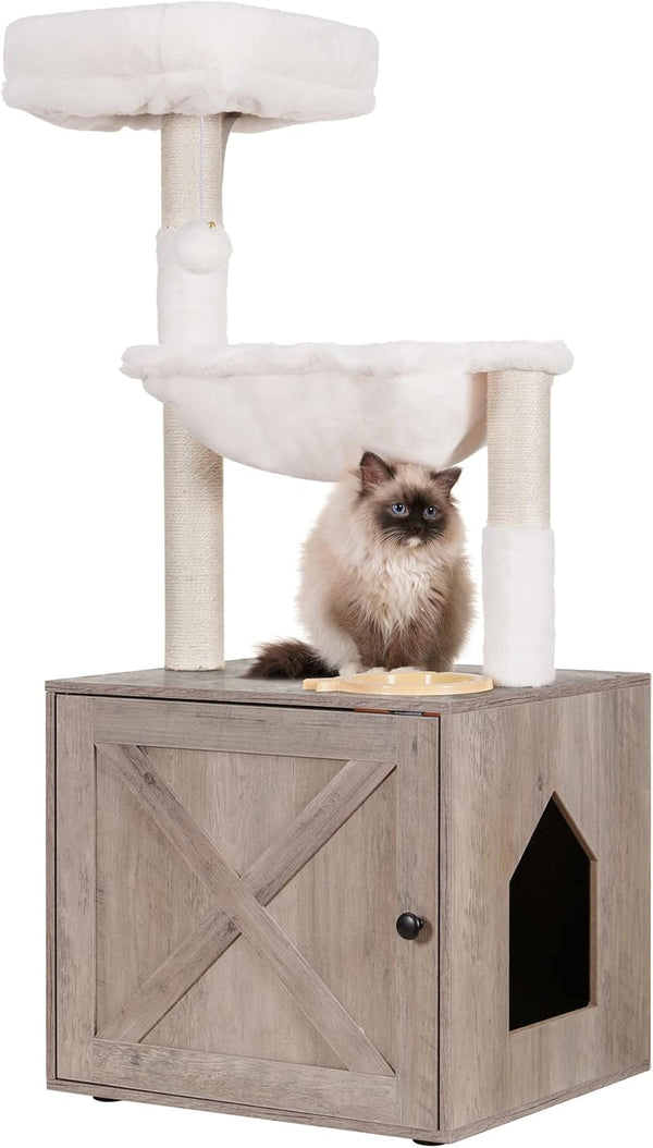 Hey-Brother Cat Tree Tower, Litter Box Enclosure, Food Station, MPJ100SG | 47.24 Inches Wooden All-In-One Cat House, Large Hammock, Bed, Scratching Posts, Modern Style for Indoor Cats, Rustic Gray1
