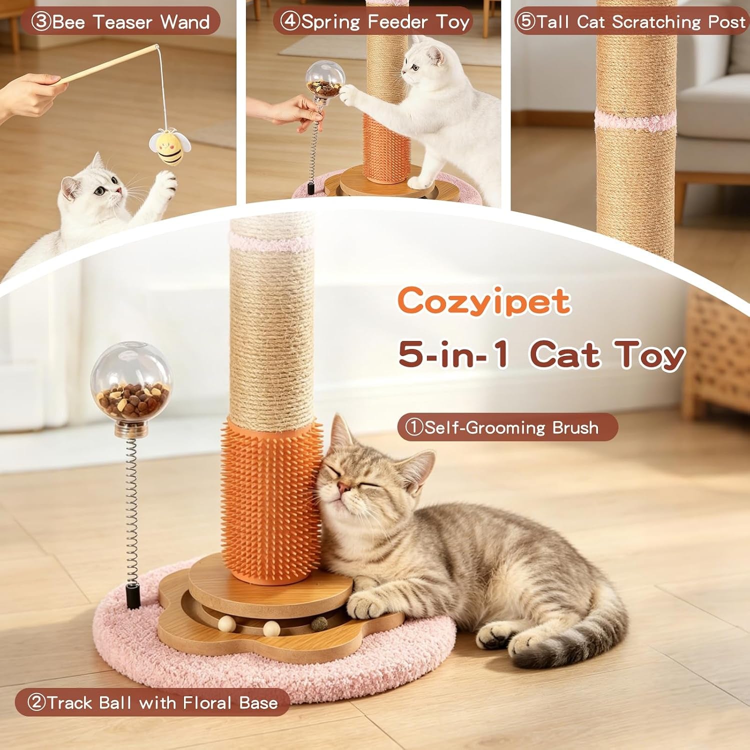 45-tall-cat-scratching-post-for-large-cats-adults-grooming-brush-track-ball-spring-feeder-3-bee-toys-sisal-rope-large-cat-scratcher-tree-with-leaves-for-indoor-cats-pink