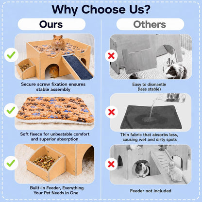 Guinea Pig Wooden Hideout with Built-In Feeder, Screw-Assembled Natural Wood Castle with Absorbent Fleece Mat, Ramp & Accessories, Cozy Safe Hideaway for Small Pets to Rest, Play & Explore6