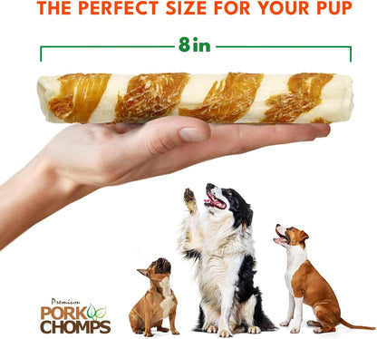 Pork Chomps Baked Pork Skin Dog Chews, 8 in Rolls, Chicken, 2 Count | Made with a Real Chicken Wrap over Oven-Baked Pork Skin - Rawhide-Free, Low in Fat, and Easy to Digest4