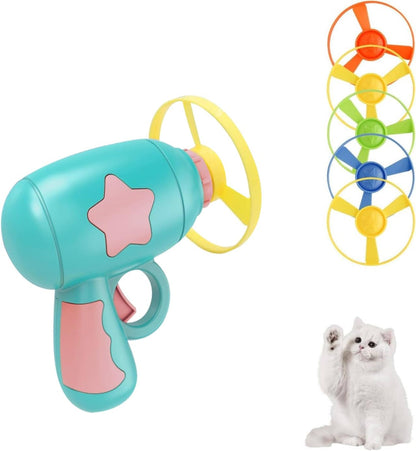 Andiker Cat Fetch Toy, Interactive Kitten Flying Disc Launcher Toy with 5 Colorful Flying Propellers for Cat Enrichment, Flying Saucer Toy for Cats for Training and Chasing (Blue)1