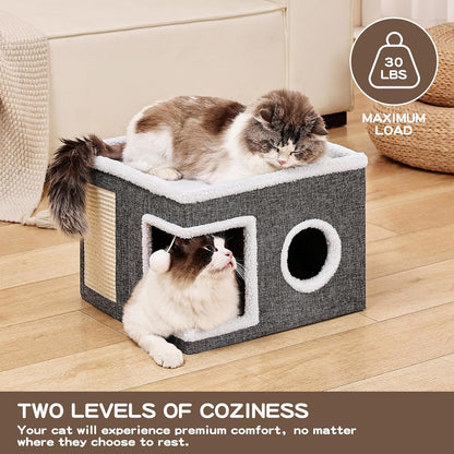Large Cat Houses for Indoor Cats with Fluffy Ball and Scratch Pad | Foldable Cat Bed Cave for Multiple Pets, Kitten Bed for All Seasons, Non-Slip, Hold up to 30LBS, 16X16X13Inch, Grey3