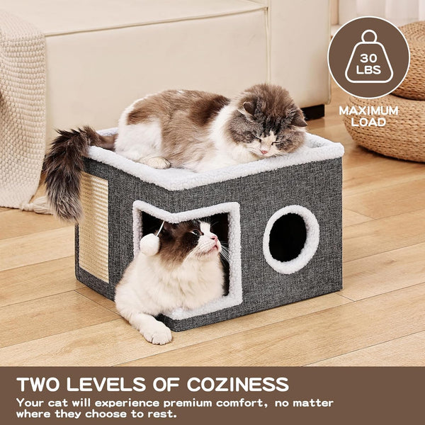Large Cat Houses for Indoor Cats with Fluffy Ball and Scratch Pad | Foldable Cat Bed Cave for Multiple Pets, Kitten Bed for All Seasons, Non-Slip, Hold up to 30LBS, 16X16X13Inch, Grey3