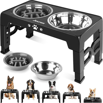 Jovrun Elevated Dog Bowls for Medium Large Size Dogs, Non-Slip Dog Feeder with 1*Stainless Steel Dishes & 1*Slow Feeder Bowl, 5 Heights Adjustable Raised Bowls to 3.15″-8.66″-9.84″-11.02″-12.2″1