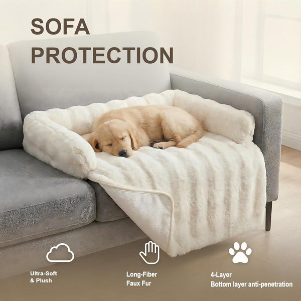 Calming Dog Bed for Couch, 29.5 X 29.5 Inch, Dog Sofa Mat, Machine Washable | 3-Sided Bolster, Faux Rabbit Fur Plush, Non Slip Bottom, Water Resistant Furniture Protector for Small Medium Dogs & Cats6