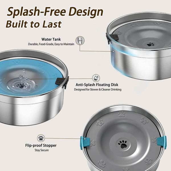 Dog Water Bowl No Spill, 1.5L/50Oz Stainless Steel Slow Water Bowl for Dogs, Spill Proof Dog Bowl with Anti-Splash & Non-Slip, Slow Drinking Water Bowl Dispenser for Messy Drinkers (Silver)3