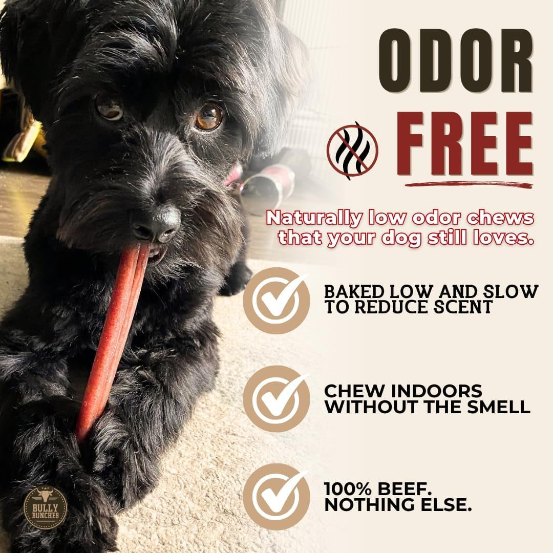 bully-bunches-premium-6-standard-5-pack-odor-free-bully-sticks-for-small-to-medium-dogs-puppies-consistently-sized-long-lasting-chews-for-oral-care-all-natural-100-beef-dog-treats