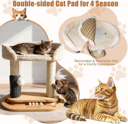 Small Wooden Cat Tree for Kittens and Small Cats, 6-In-1 Cat Tower for Indoor Cats with Bed, Sisal Scratching Post, Self-Grooming Brush, Ball Track, Plush Ball and Feather Toy, 16.5" H3