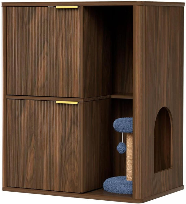Cat Litter Box Enclosure Furniture, 2 Storey Hidden Litter Box Cabinet with Scratching Post & Storage Shelf, Fluted Modern Litter Box Enclosure for Living Room, Bedroom,Natural8