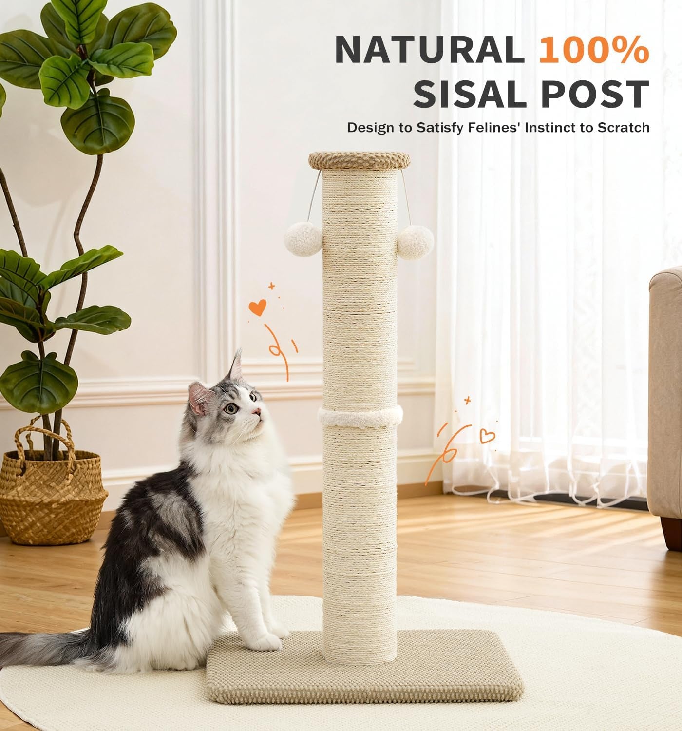 made4pets-tall-cat-scratching-post-23-6-natural-sisal-cat-scratcher-with-hanging-balls-heavy-duty-and-thicker-scratching-post-for-indoor-cats-adults-sturdy-base-cat-scratch-post-beige